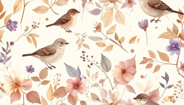 Delicate watercolor pattern of birds and blooming flowers in soft autumn hues