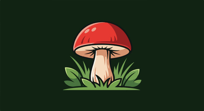 A red capped mushroom with a thick stem sits amongst green grass