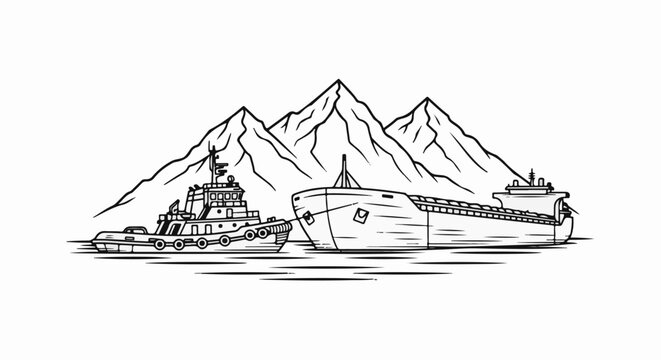 Tugboat towing a cargo ship with mountains in background
