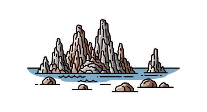 Stylized rocky islands rise from calm blue water with scattered stones