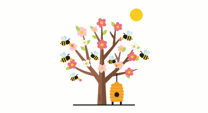 A cheerful bee colony buzzes around a blossoming tree under a bright sun
