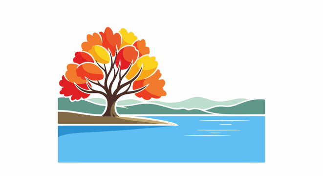 Stylized autumn tree beside a calm blue lake with distant hills