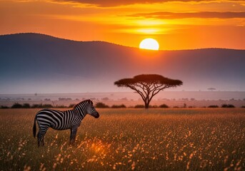 Obraz premium Zebra stands in the grassy plains during a golden savanna sunset.
