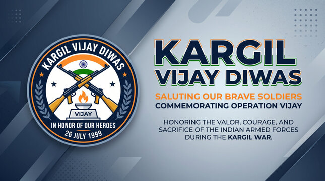 Kargil Vijay Diwas Badge Logo with Crossed Rifles and Flame on Modern Abstract Grey Background for Indian Military Tribute Poster Illustration
