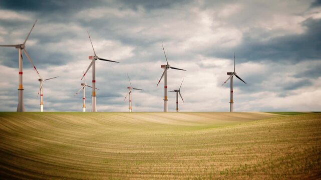 High-quality 4k 3D animation render of wind turbines generating clean energy in a lush green field. Concept of sustainable power production and alternative eco-friendly infrastructure.