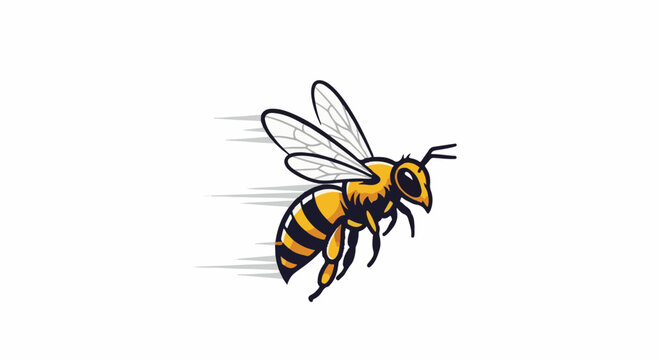 A stylized, yellow and black bee with transparent wings appears to be flying rapidly