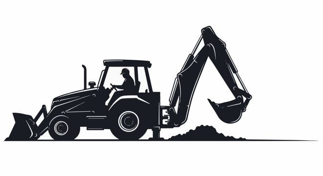 Silhouette of a backhoe loader with a worker operating it, digging earth