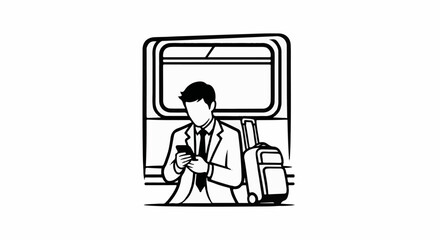 Naklejka premium Man in suit on train with phone and luggage