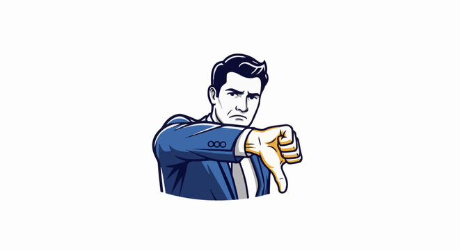 Man in suit giving thumbs down gesture, showing disapproval