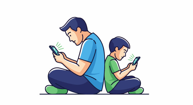 Man and child, sitting back to back, engrossed in their phones
