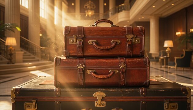 Stack of vintage brown leather suitcases with brass hardware in a luxurious grand hotel lobby with golden sunbeams, classical columns, and an elegant staircase background.