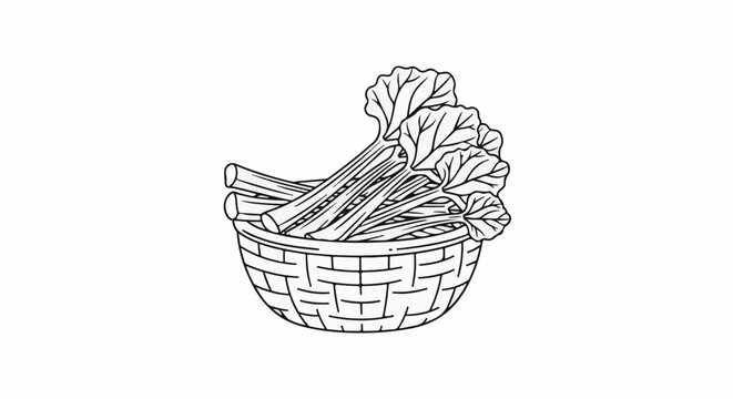 A black and white sketch of a woven basket overflowing with rhubarb stalks and leaves