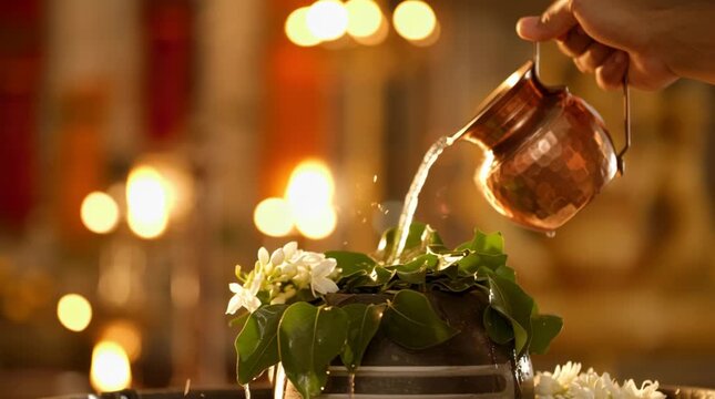 Person pouring holy water from a copper pot onto a Shiva Lingam decorated with flowers and leaves in a temple during a traditional Hindu ritual.
