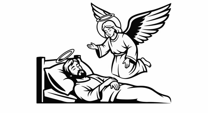 Angel hovers over sleeping man with halo in bed