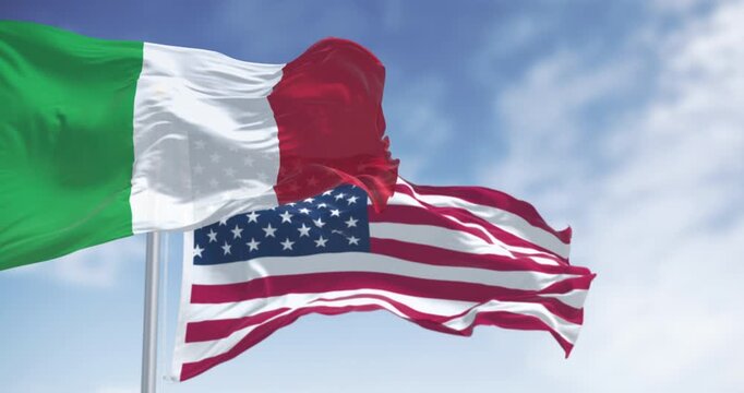 National flag of Italy waving in the wind with the US flag on a clear day. Seamless 3d render animation. Slow motion loop. Selective focus