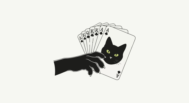 Black cat face peeking from playing cards held by a clawed paw