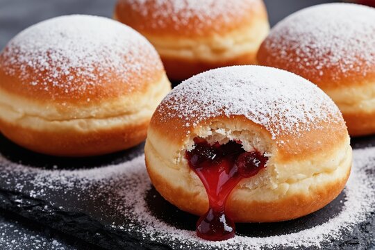 Close-up view of bomboloni donuts filled with jam and dusted with powdered sugar. Sweet fried pastry with rich berry filling. Delicious baked treat.