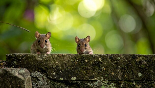 Two curious little mice peek over a mossy stone wall in a lush green garden