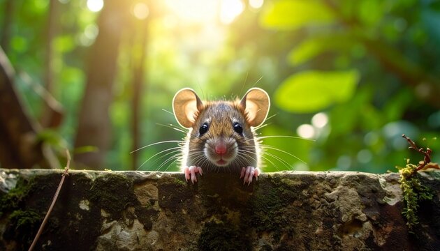Curious little mouse peeking over a mossy wall in a sun-drenched forest.