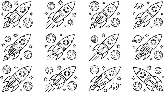 Rocket Space Icon Pattern with Planets and Stars in Grid Layout for Astronomy Exploration Science Universe Background and Cosmic Travel Design Collection