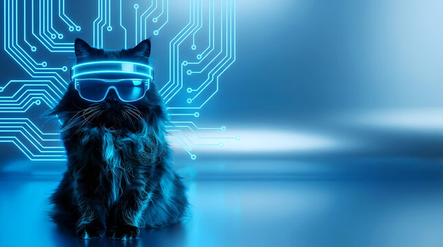 Black cat wearing luminous futuristic glasses on digital blue background with circuit board pattern and copy space for high technology and artificial intelligence concept