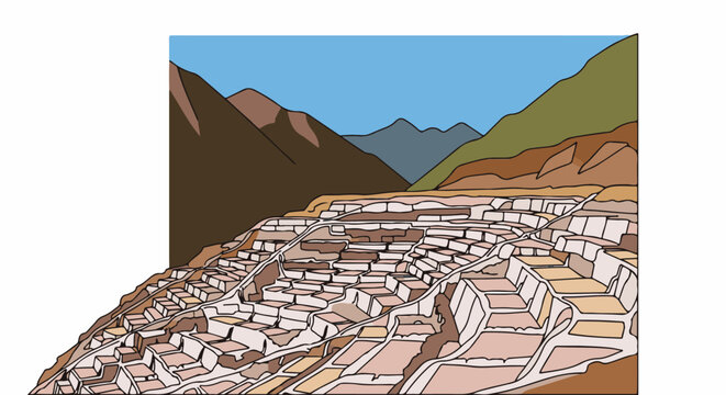 Terraced salt pans carved into a mountainside under a blue sky
