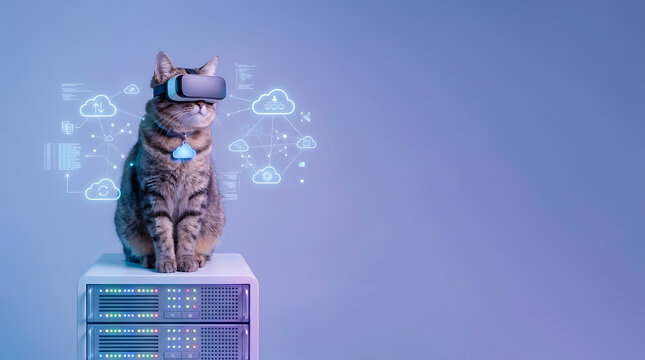 Tabby cat wearing virtual reality headset sitting on server rack with glowing cloud computing icons and network symbols on purple background with copy space