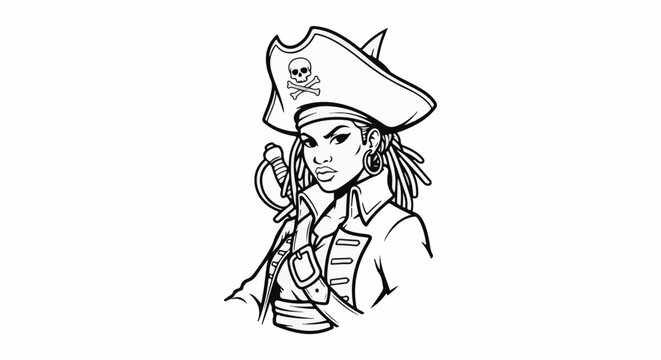 Black and white illustration of a female pirate with dreadlocks and cutlass