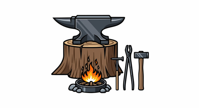 Blacksmith's anvil, fire pit, and tools for metal shaping on a stump