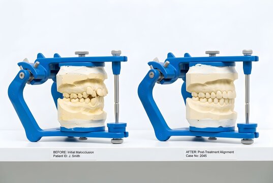Before and after dental treatment showing initial malocclusion and post-treatment alignment with dental models