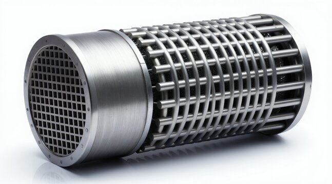 Stainless steel heat exchanger pipe bundle with grid end. Industrial equipment for fluid heat transfer, cooling systems. Energy efficient tech for manufacturing, chemical processes. Advanced