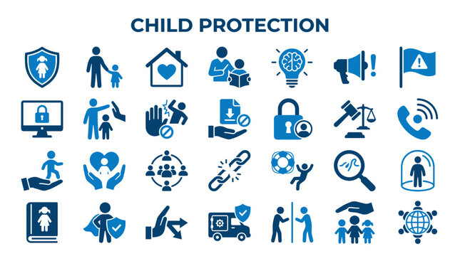 Child Protection Icons Set Representing Safety Security and Care for Children Legal and Social Support Concepts