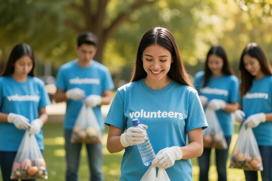 Asian youth volunteers in blue t-shirts clean park grass with bags. Team works together collecting rubbish, smiling happily, showing community care.