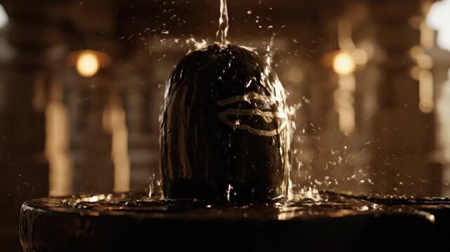 Water pouring over a sacred Shiva Lingam during a traditional Hindu Jalabhishek ritual in an ancient temple