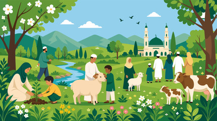 Fototapeta premium A peaceful vector illustration of a woman in a hijab planting a sapling, ideal for sustainability and environmental awareness campaigns.