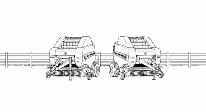 Two agricultural balers with a fence in the background, line drawing