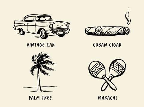 Cuban vacation icons collection, vintage car, cigar, palm tree, maracas, minimalist black ink brush illustrations