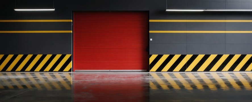 Modern industrial interior with shiny reflective floor. Large red roller shutter door centers frame. Grey walls yellow, black hazard stripes above floor. Bright linear ceiling lights provide even