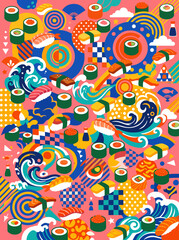 Naklejka premium Vibrant Japanese Sushi and Wave Patterns in a Colorful Abstract Design, Celebrating Asian Cuisine and Culture