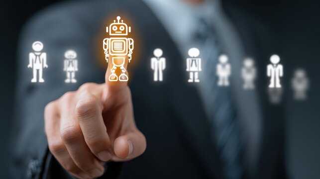 Man's finger pointing at robot icon, highlighting the evolution of technology and the intersection of automation and human resources. ..Created with Generative AI, not depicting real subjects.