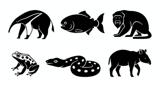 minimalist collection of black rainforest animal silhouettes featuring anteater piranha monkey frog snake and tapir icons isolated on white background