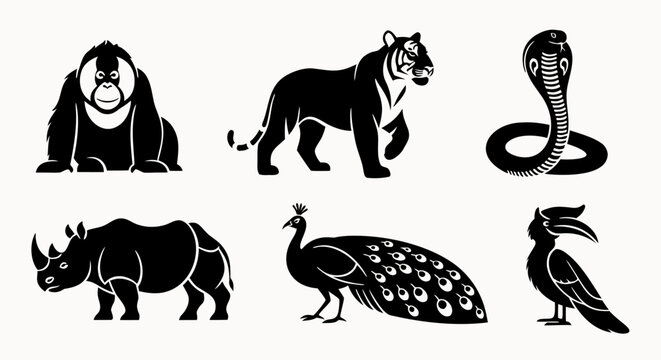 minimalist collection of black wildlife animal silhouettes featuring orangutan tiger cobra rhinoceros peacock and hornbill icons isolated on white background