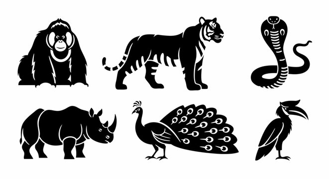 Set of wild animal silhouettes including tiger orangutan rhino cobra peacock and hornbill icons for minimalist wildlife design