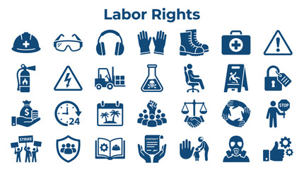 Fototapeta premium Labor rights and workplace safety icons representing worker protection fair employment conditions and occupational health and safety compliance