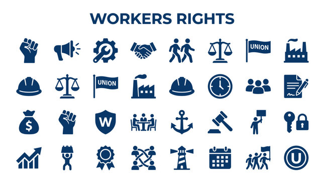 Workers rights and labor movement icons representing fairness equality and collective action in employment and workplace advocacy
