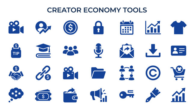 Creator Economy Tools Icons Set for Digital Business and Online Content Creation Success