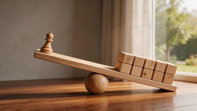Wooden chess pawn balancing on a seesaw with wooden blocks symbolizing strategy risk management and decision making in business finance and leadership scenarios