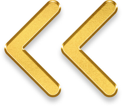 Elegant 3d gold double chevron pointing left with metallic texture for back navigation and fast rewind