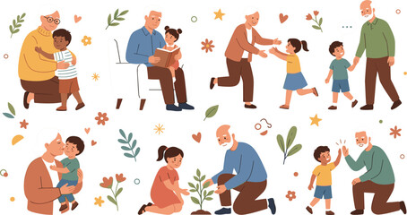 Grandparents and grandchildren bonding moments set with hugging playing reading and planting family love and care vector illustration collection