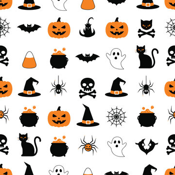 Seamless halloween pattern with pumpkins bats spiders ghosts skulls hats cauldrons